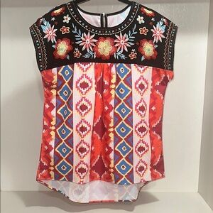 Black and Orange Graphic Cap Sleeve Blouse with Bib Collar